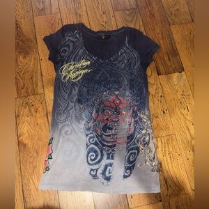 Y2K Christian Audigier Charcoal to Light Grey Ombre Graphic Rhinestone VNeck Tee